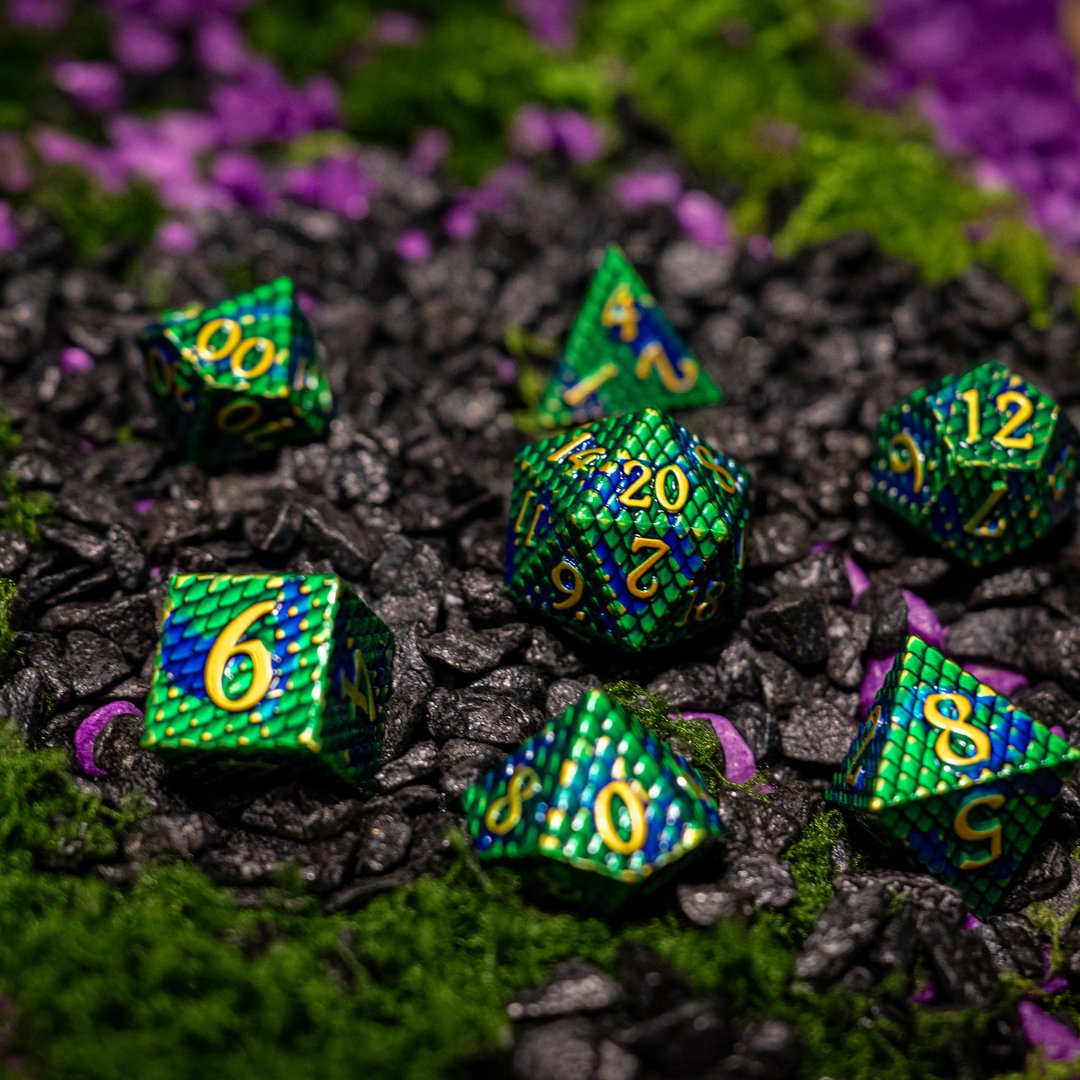 Metal dice set 09, green and blue dragon scale, gold numbers, photo 1