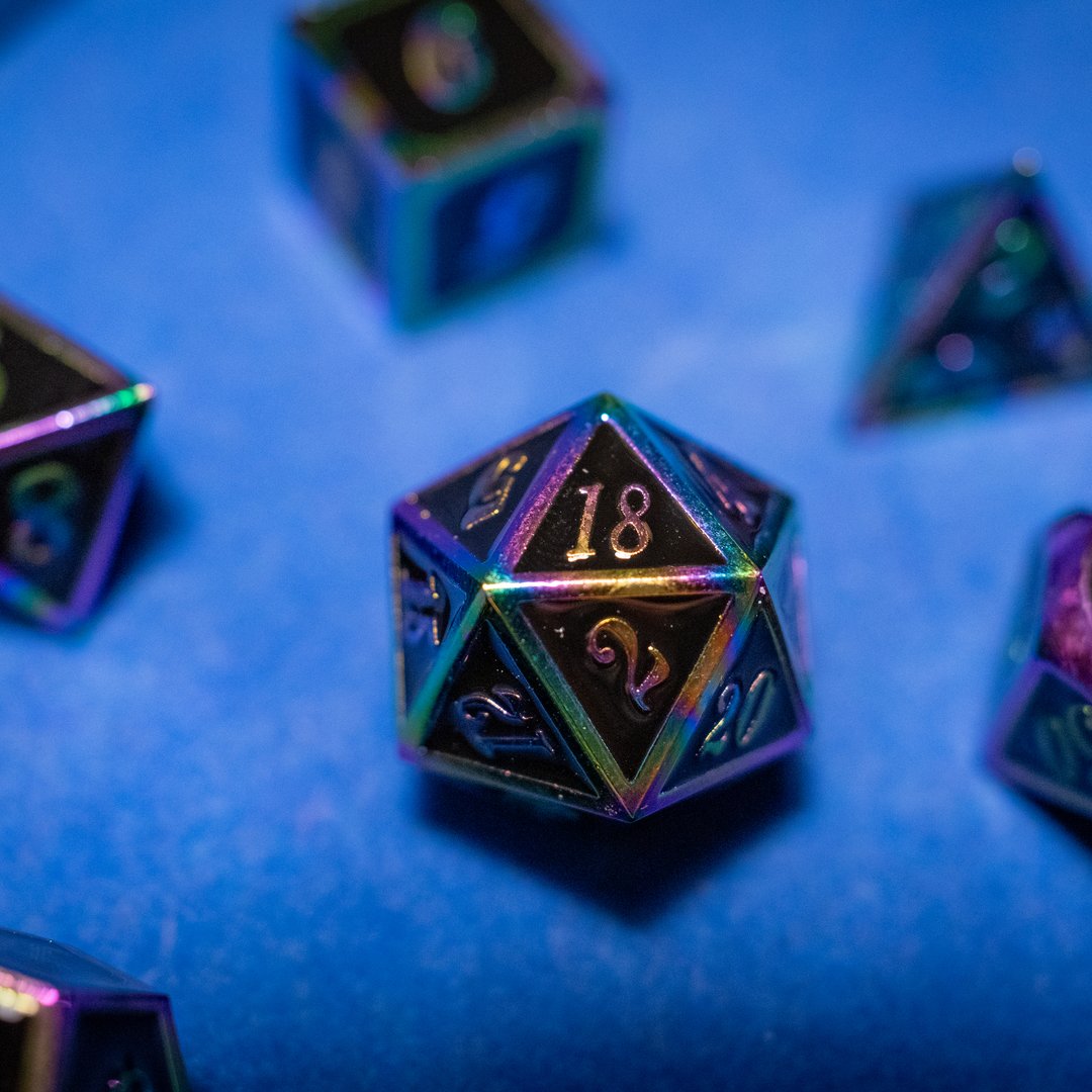Metal dice set 14, black, with rainbow edges, photo 2
