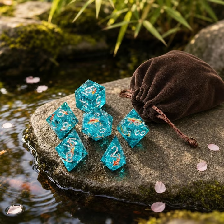 Koi Fish Dice Set, Liquid Core + Velvet Bag