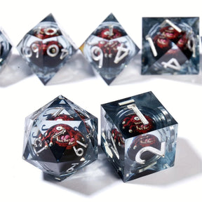 Beholder dice side view, sharp edges and liquid core