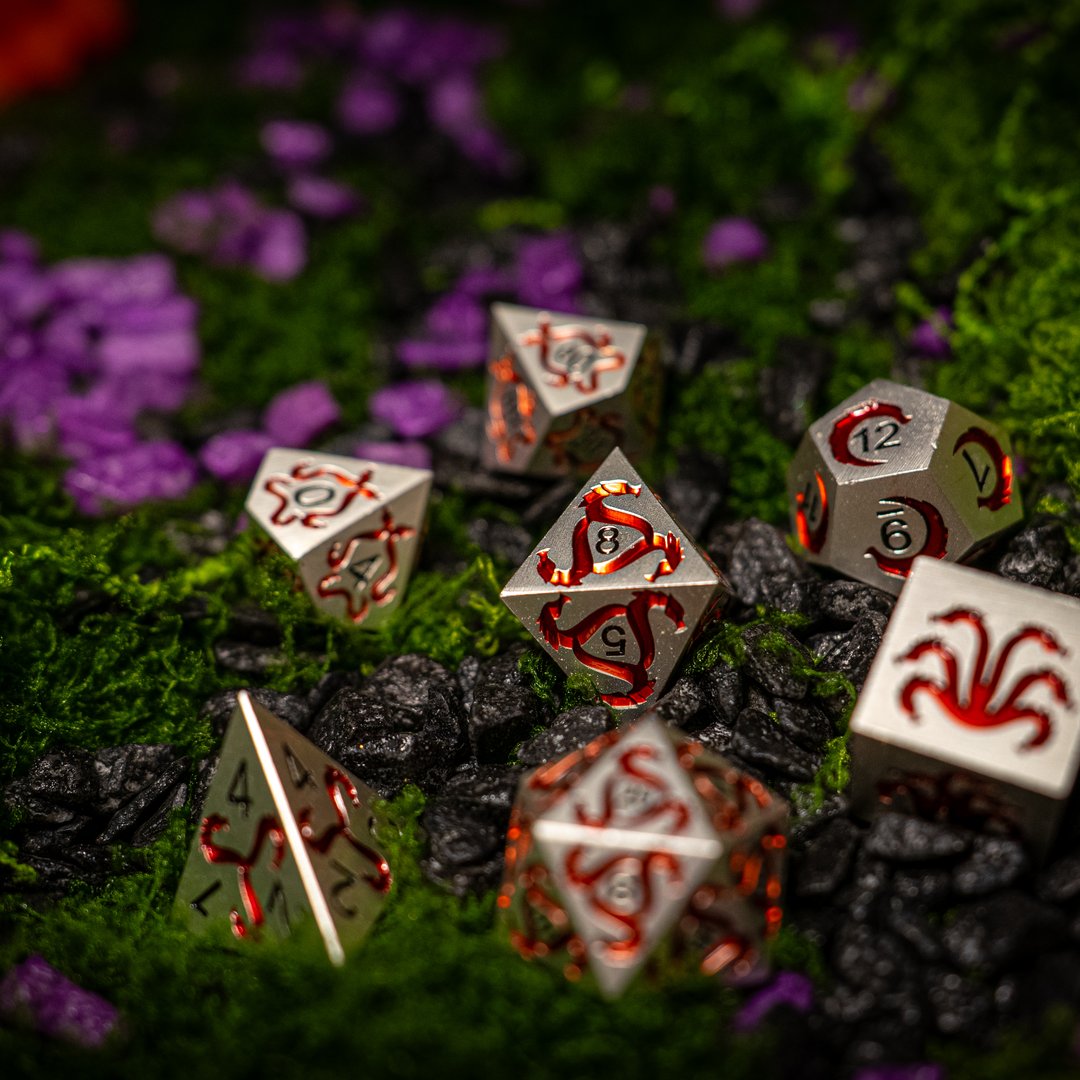 Metal dice set 02, silver, with red tentacle enamel, photo 2