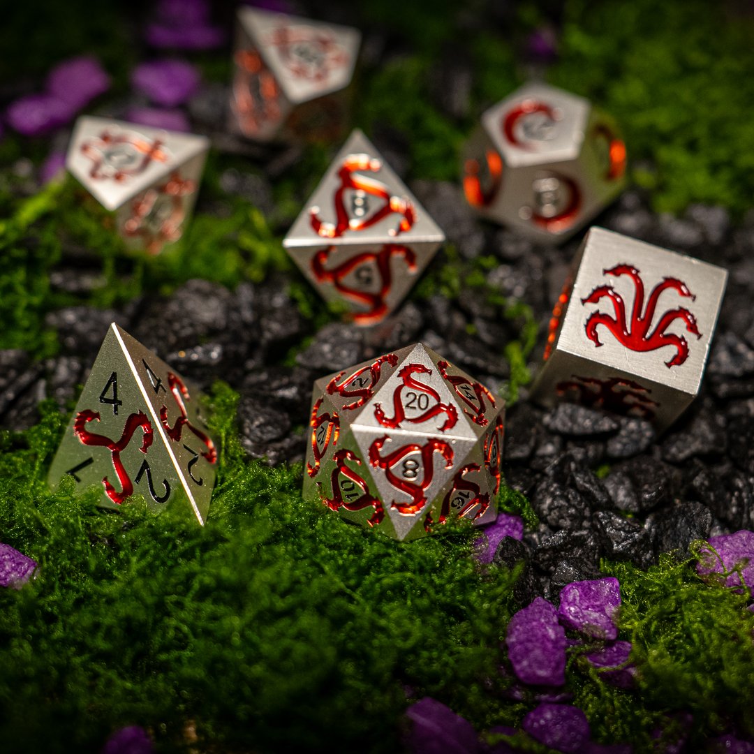 Metal dice set 02, silver, with red tentacle enamel, photo 3