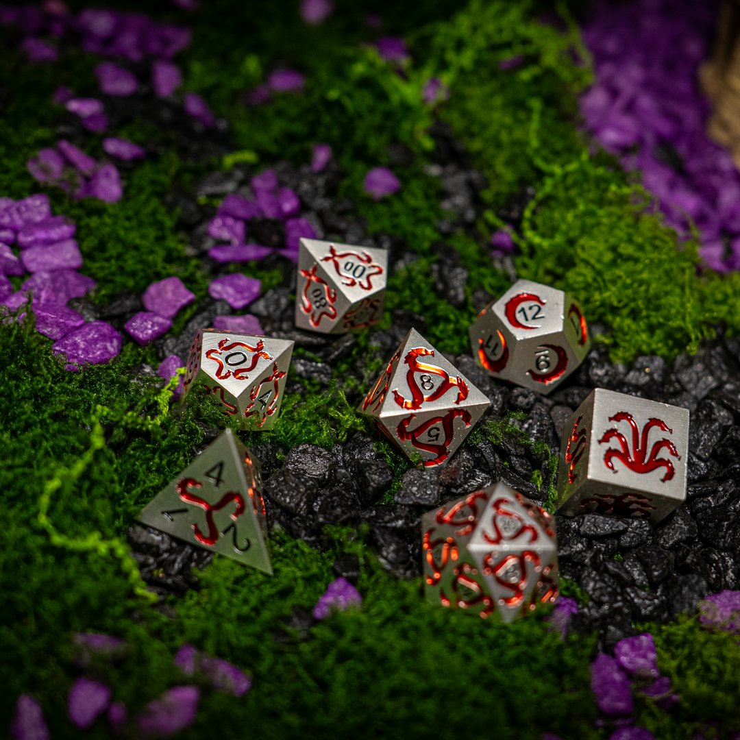 Metal dice set 02, silver, with red tentacle enamel, photo 7