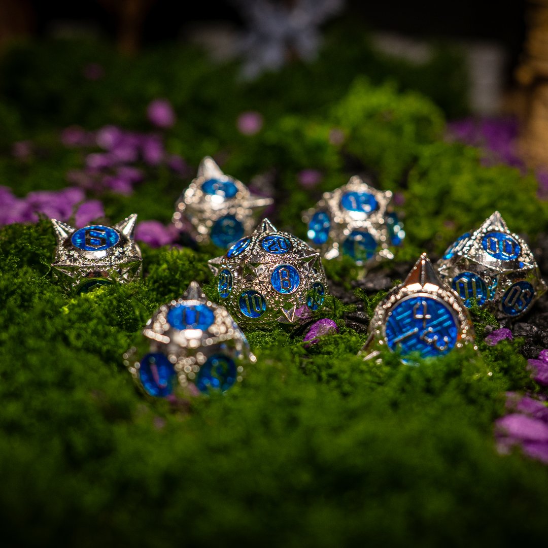 Metal dice set 03, silver with spikes and blue enamel, photo 2