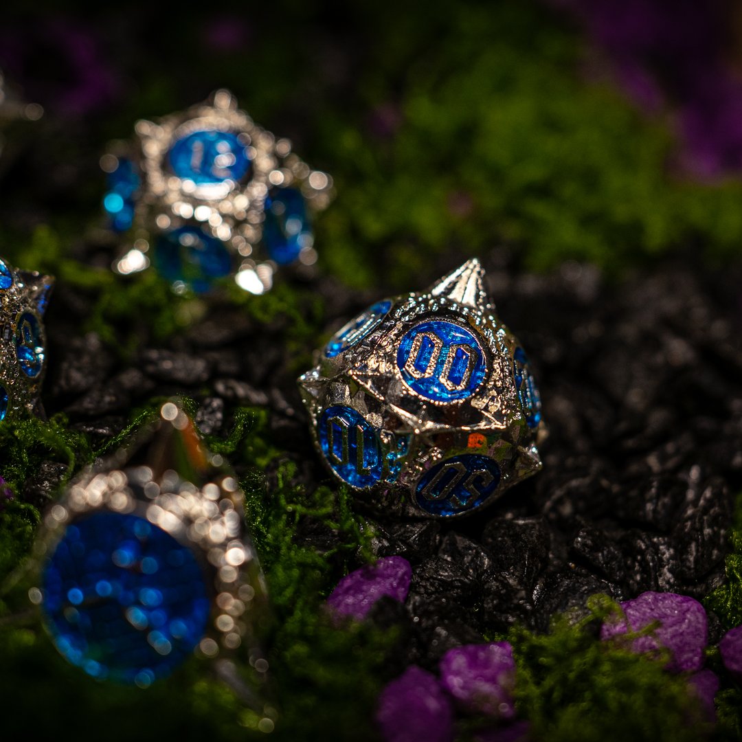 Metal dice set 03, silver with spikes and blue enamel, photo 4