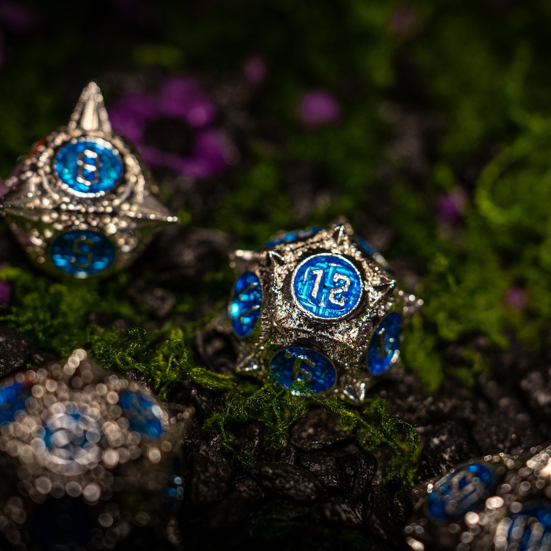Metal dice set 03, silver with spikes and blue enamel, photo 5