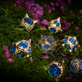 Metal dice set 03, silver with spikes and blue enamel, photo 1