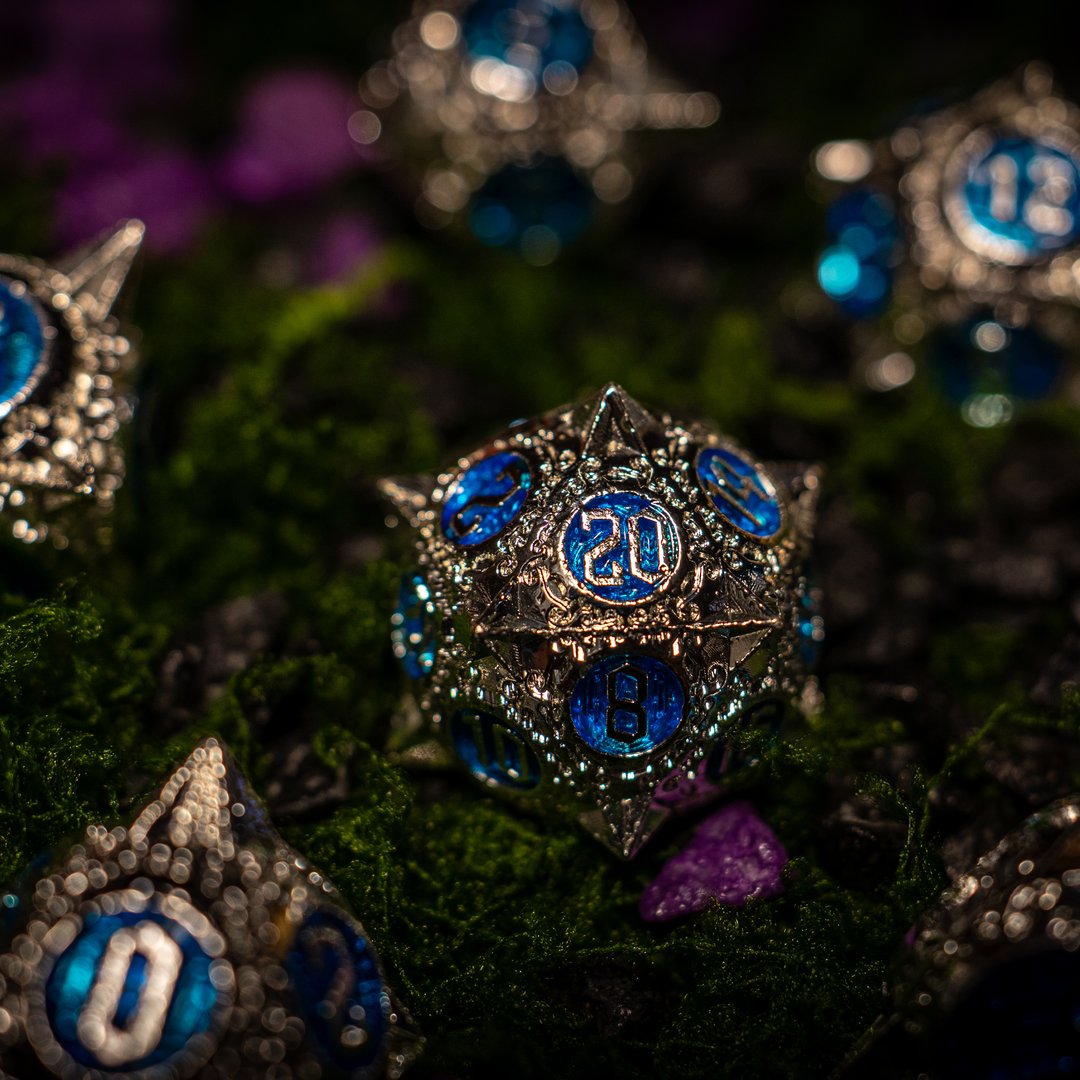Metal dice set 03, silver with spikes and blue enamel, photo 8