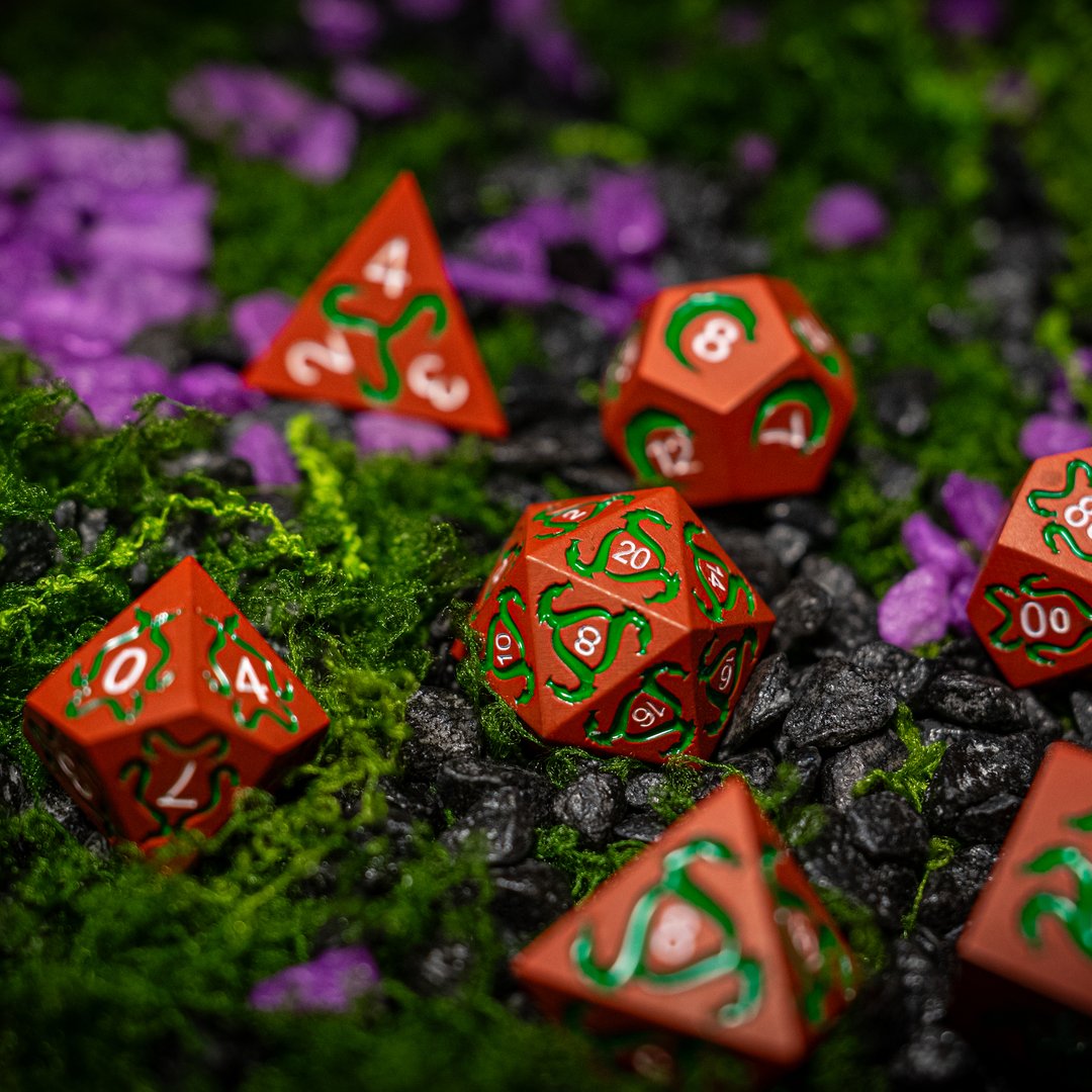 Metal dice set 04, orange-red, with green inlay, photo 3
