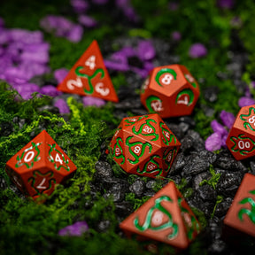 Metal dice set 04, orange-red, with green inlay, photo 3