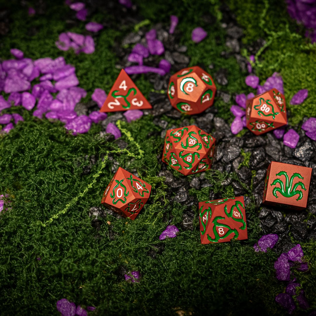 Metal dice set 04, orange-red, with green inlay, photo 9