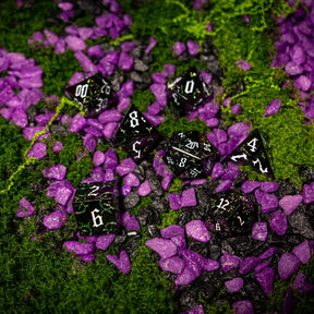 Metal dice set 06, black, with green glitter swirls, photo 3