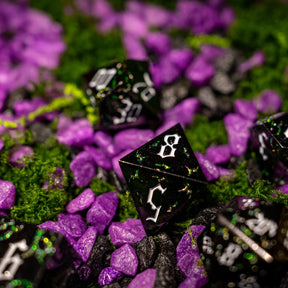 Metal dice set 06, black, with green glitter swirls, photo 4