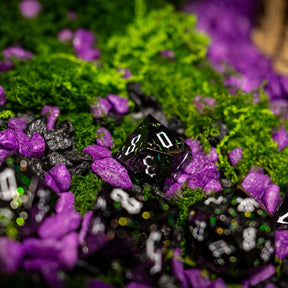 Metal dice set 06, black, with green glitter swirls, photo 9