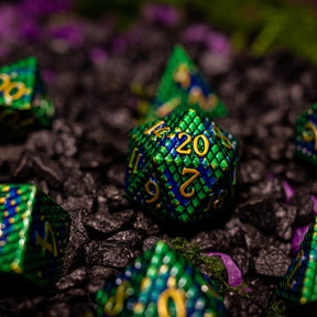 Metal dice set 09, green and blue dragon scale, gold numbers, photo 3