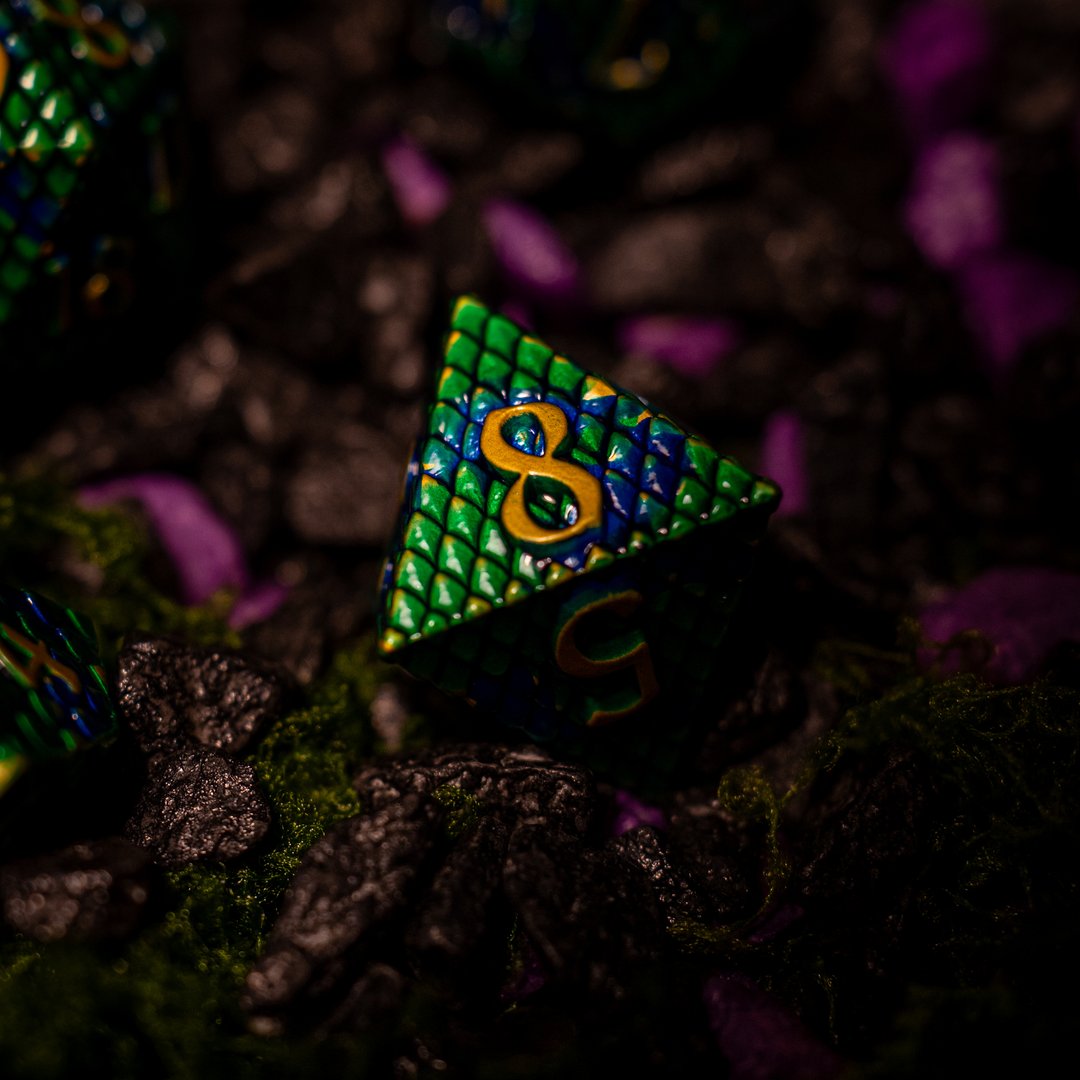 Metal dice set 09, green and blue dragon scale, gold numbers, photo 6