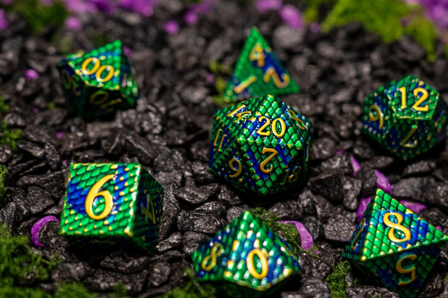 Metal dice set 09, green and blue dragon scale, gold numbers, photo 1