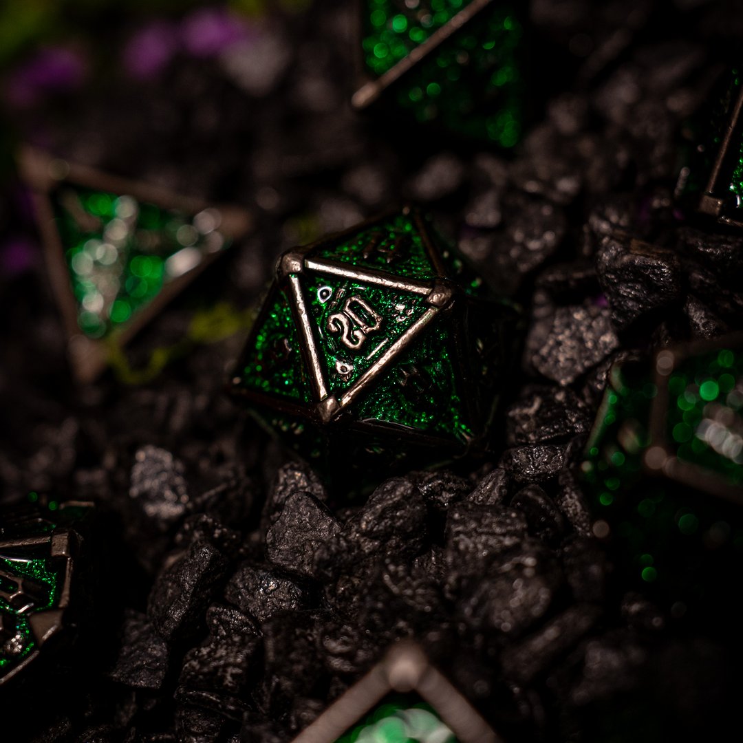 Metal dice set 10, silver frame, green glitter enamel, photo 3