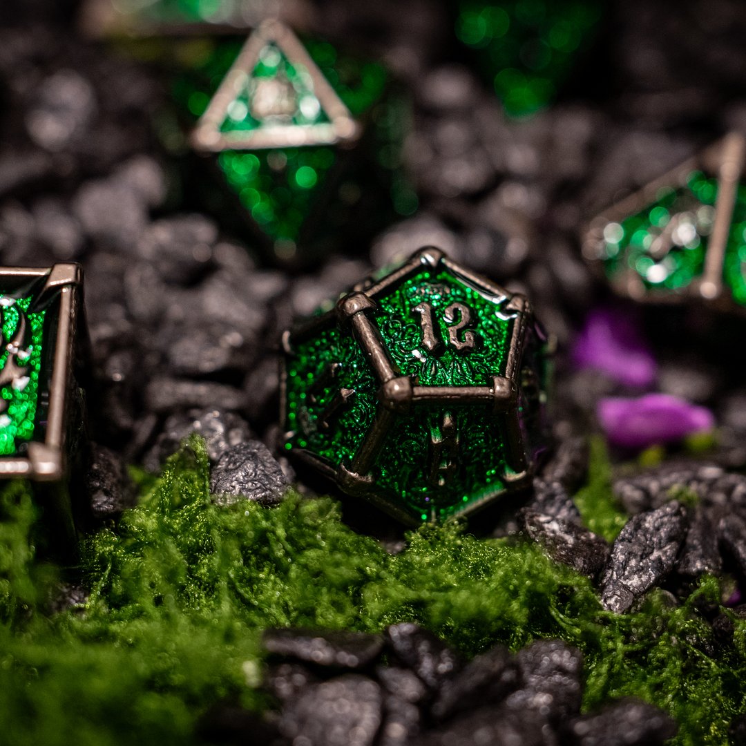 Metal dice set 10, silver frame, green glitter enamel, photo 5