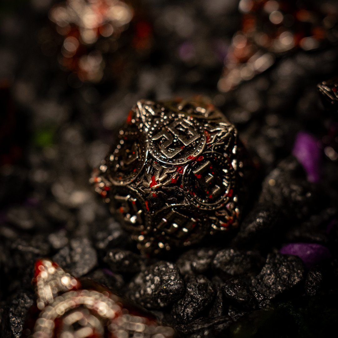 Metal dice set 11, dark silver and red, with an ornate hollow cut, photo 5