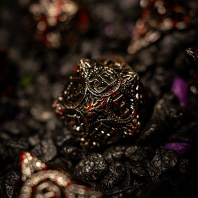Metal dice set 11, dark silver and red, with an ornate hollow cut, photo 5