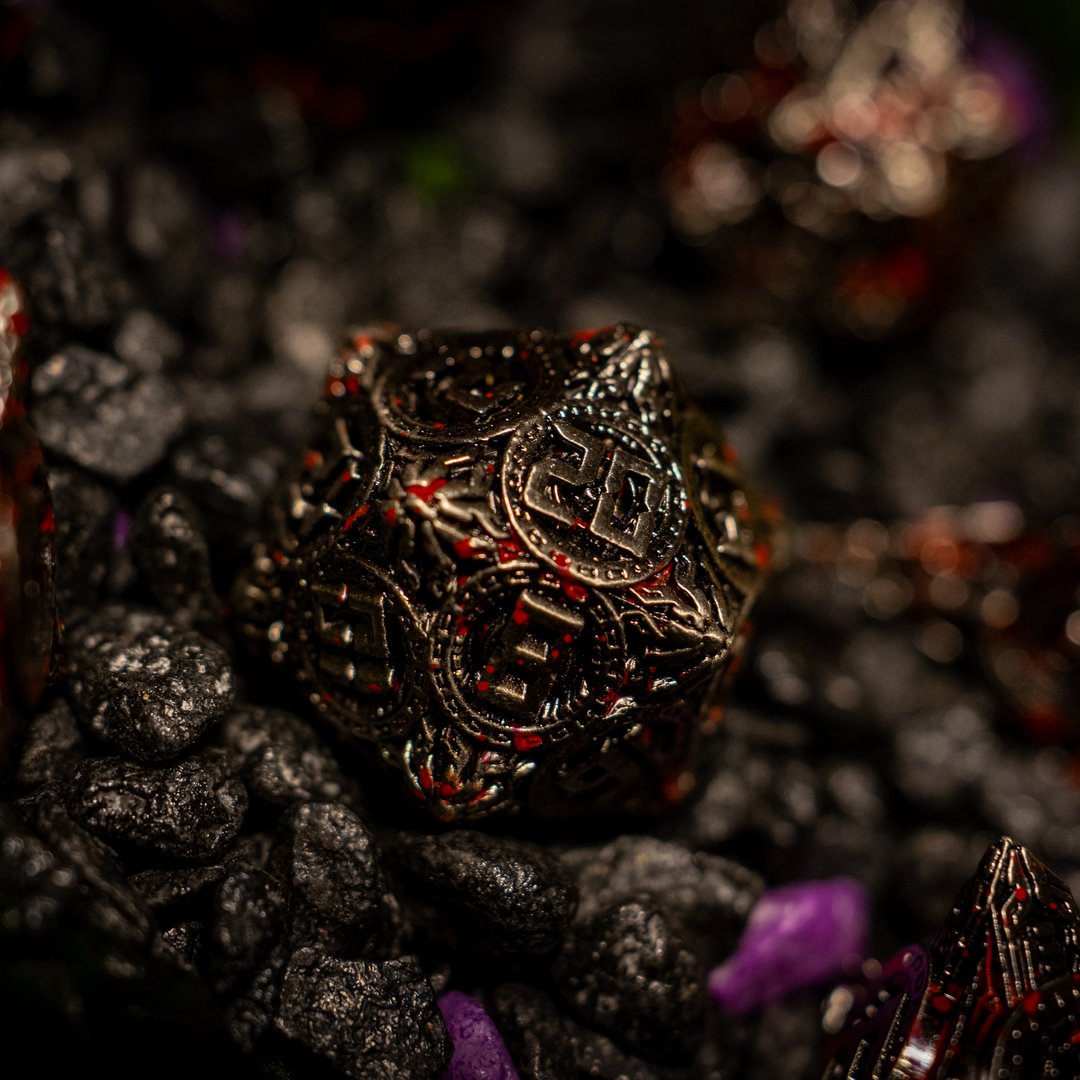 Metal dice set 11, dark silver and red, with an ornate hollow cut, photo 7