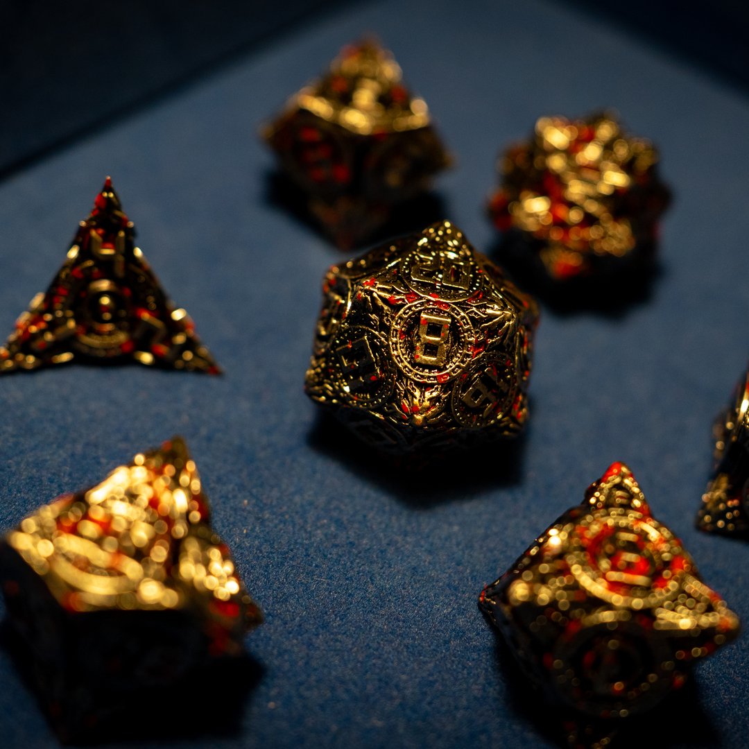Metal dice set 11, dark silver and red, with an ornate hollow cut, photo 8