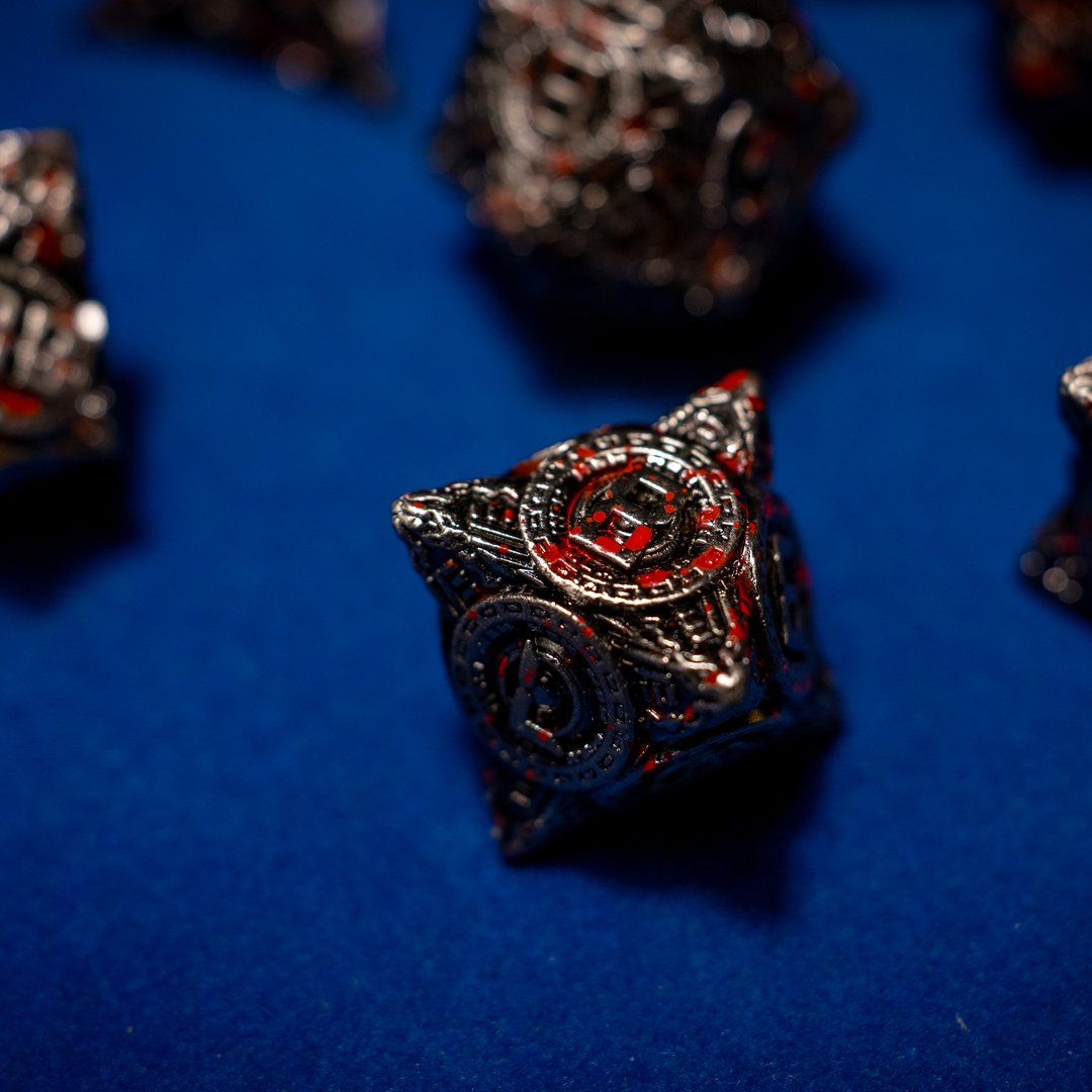 Metal dice set 11, dark silver and red, with an ornate hollow cut, photo 9