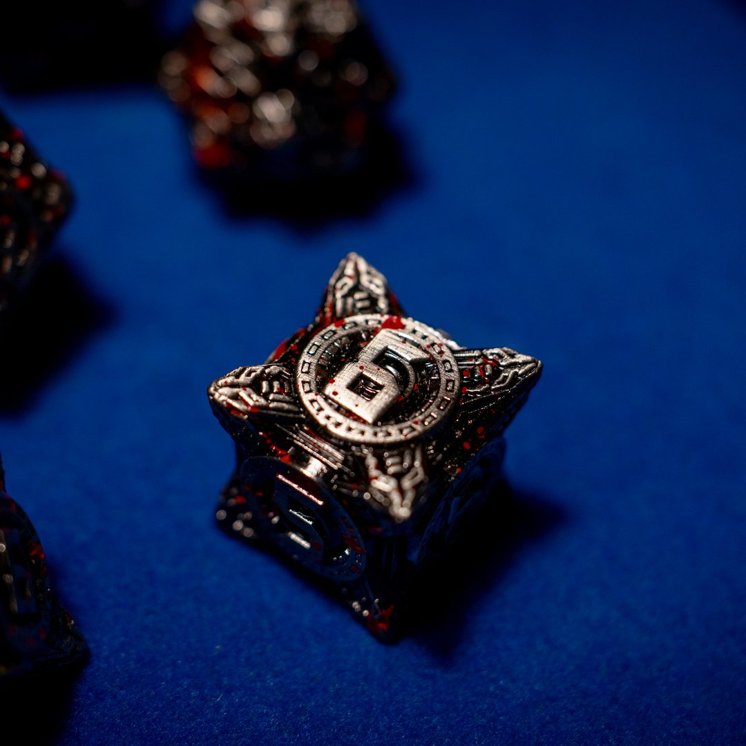 Metal dice set 11, dark silver and red, with an ornate hollow cut, photo 10