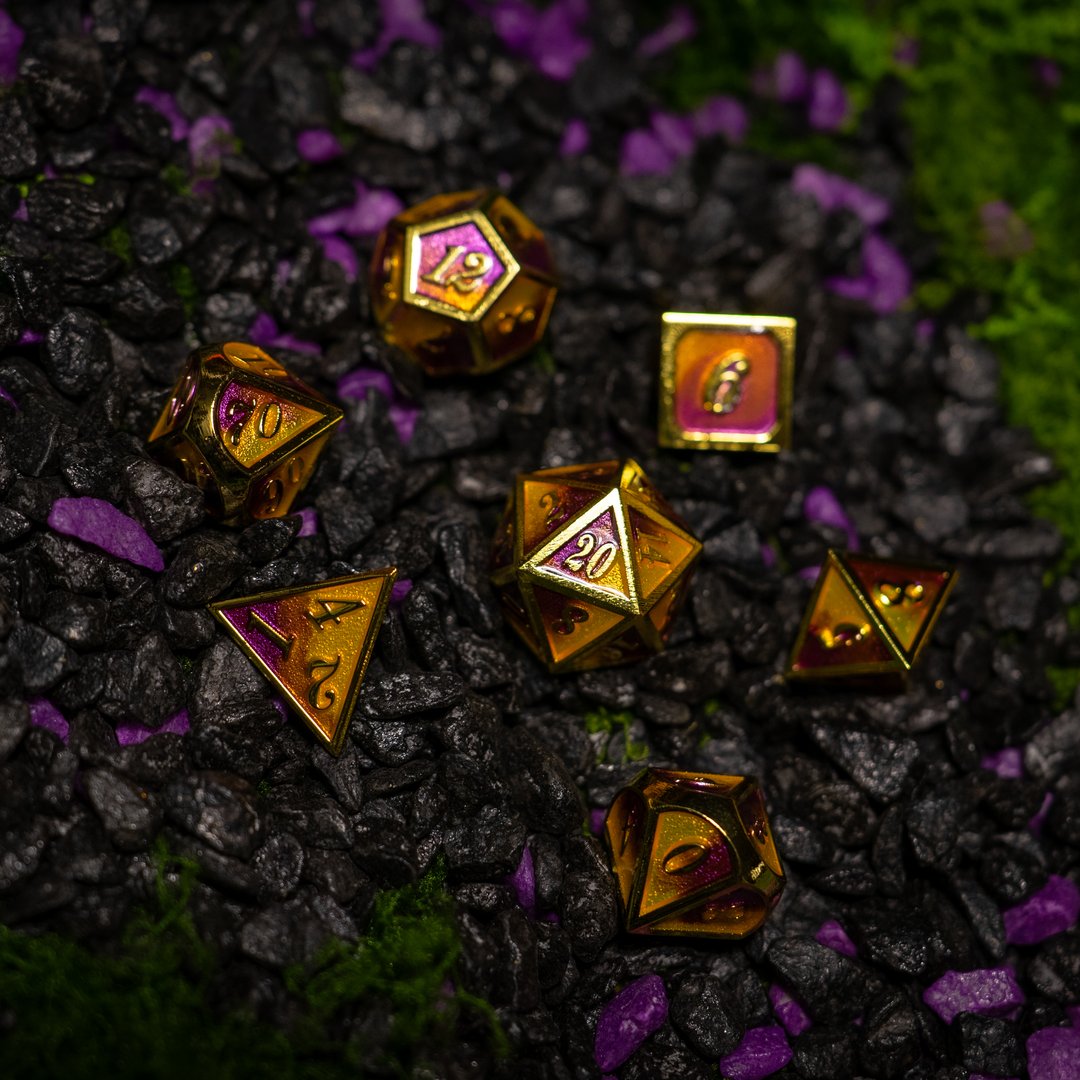 Metal dice set 12, gold frame, orange and pink enamel, photo 8