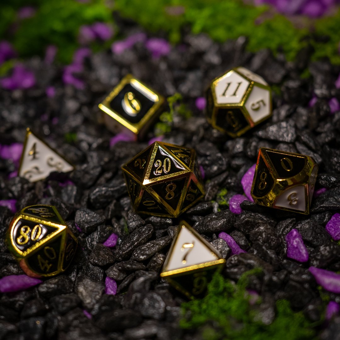 Metal dice set 13, gold frame, black and white enamel, photo 3