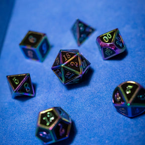 Metal dice set 14, black, with rainbow edges, photo 3