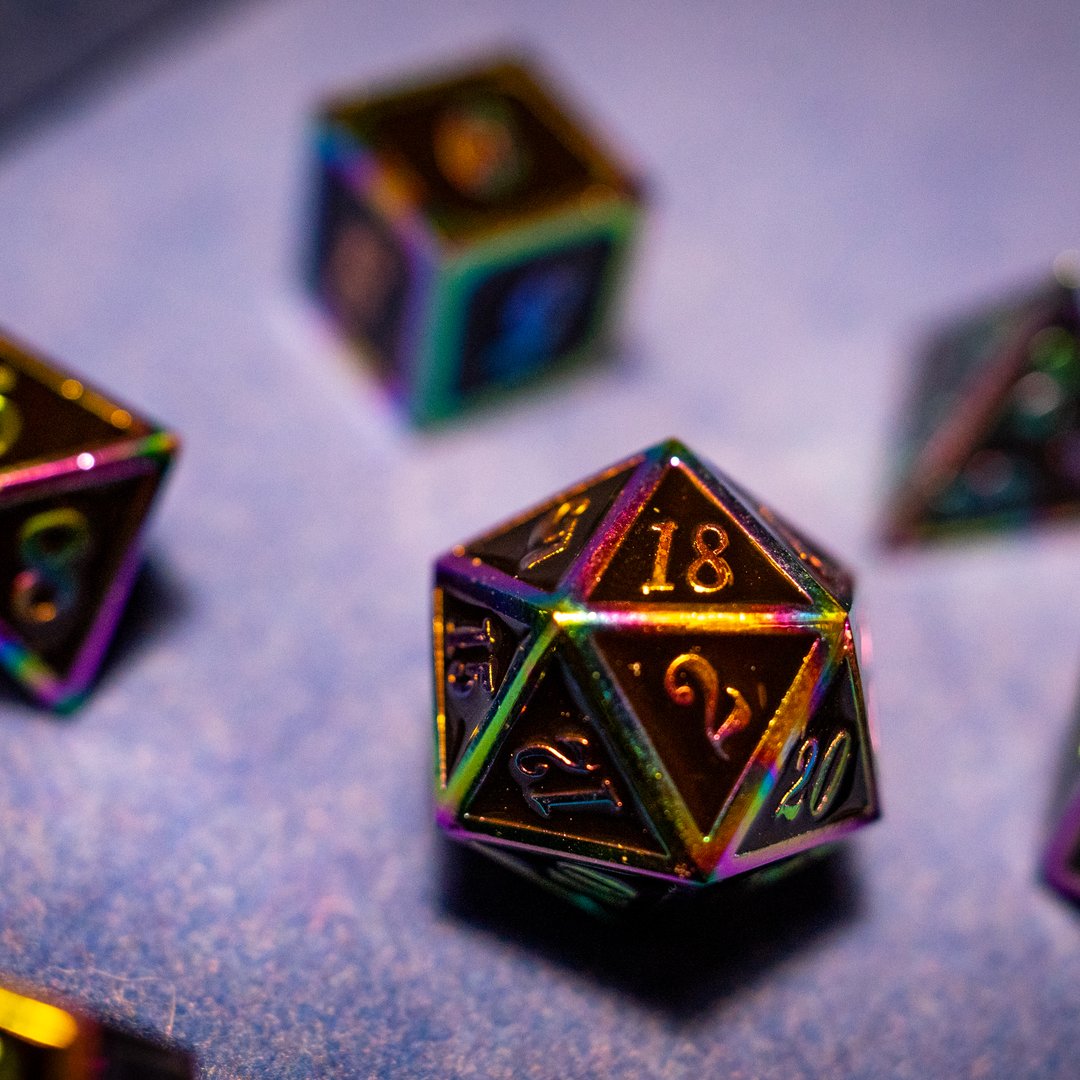 Metal dice set 14, black, with rainbow edges, photo 4