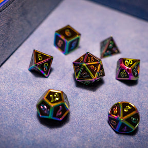 Metal dice set 14, black, with rainbow edges, photo 1