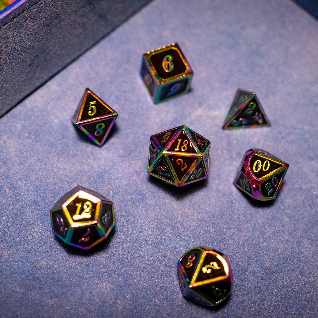 Metal dice set 14, black, with rainbow edges, photo 7