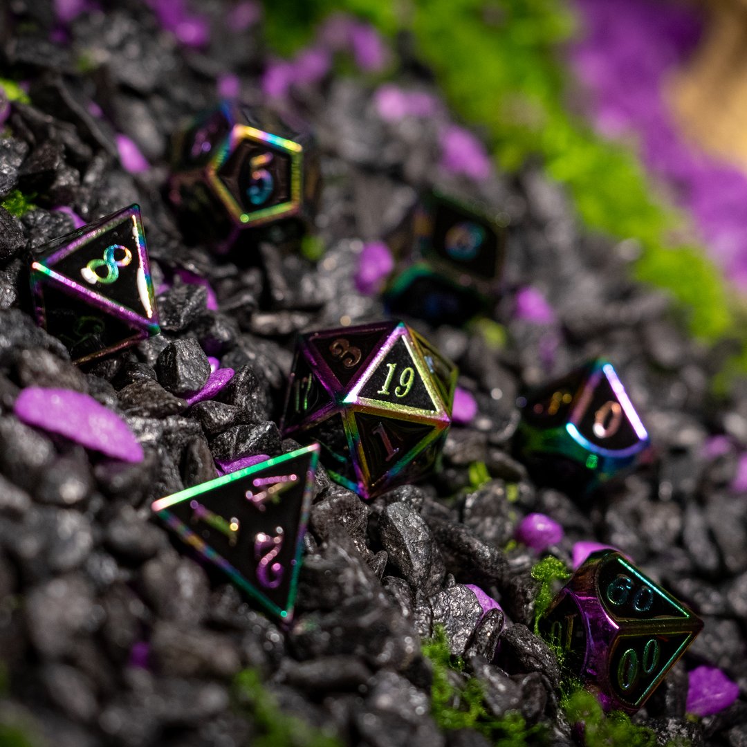 Metal dice set 14, black, with rainbow edges, photo 8