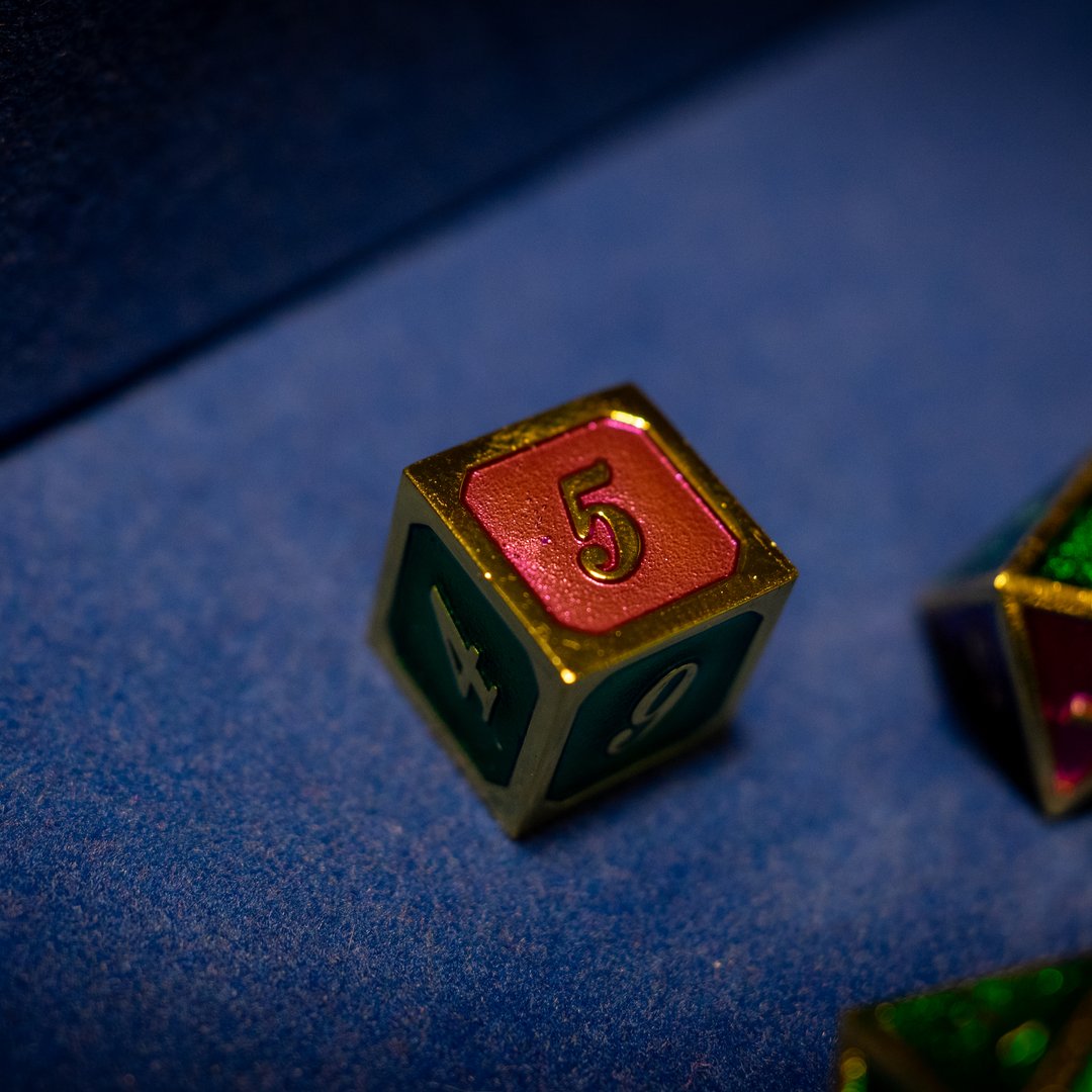 Metal dice set 15, gold frame, green and red enamel, photo 9