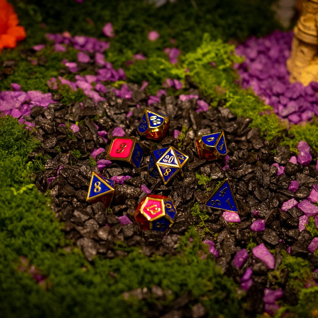 Metal dice set 16, gold frame, pink and blue enamel, photo 2