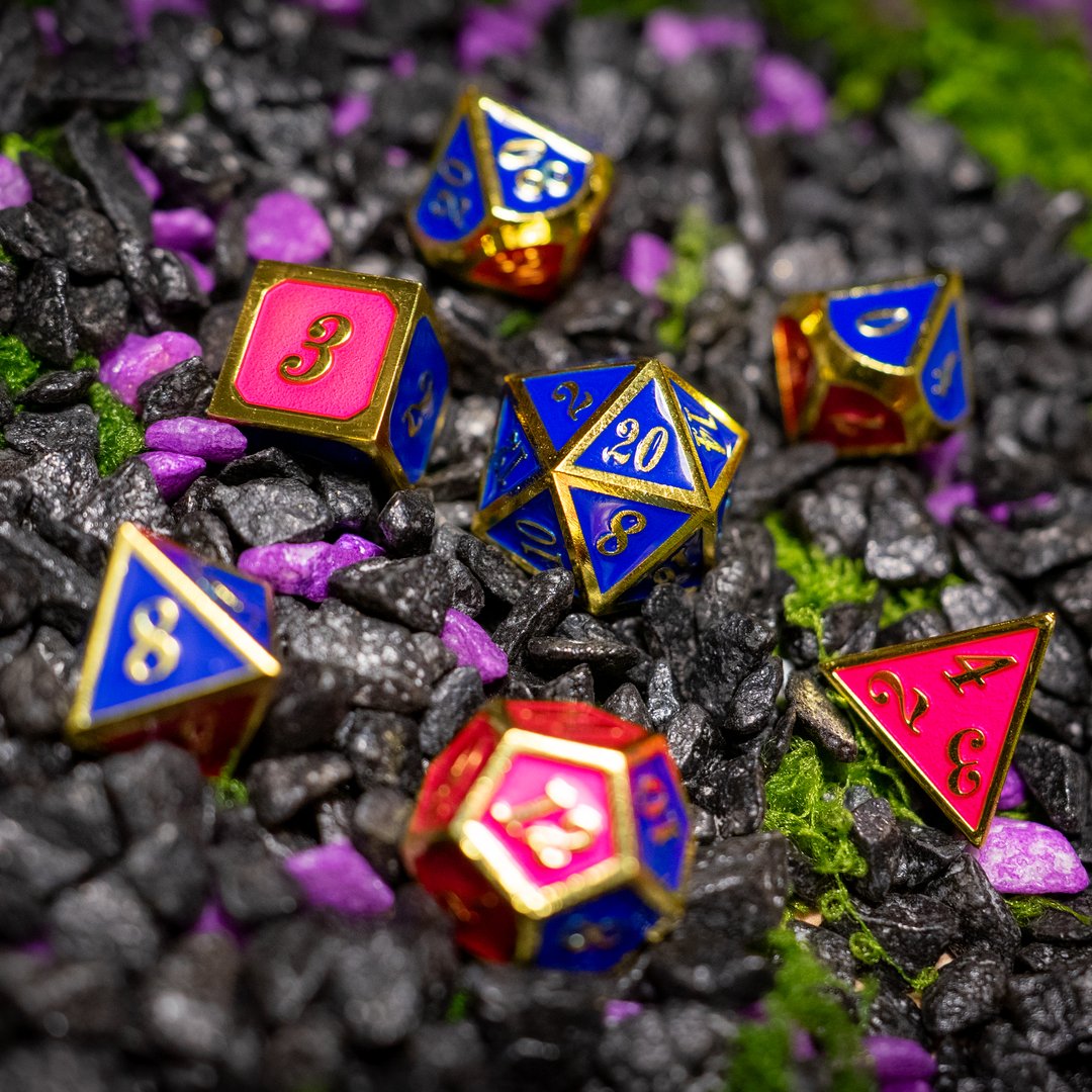 Metal dice set 16, gold frame, pink and blue enamel, photo 1