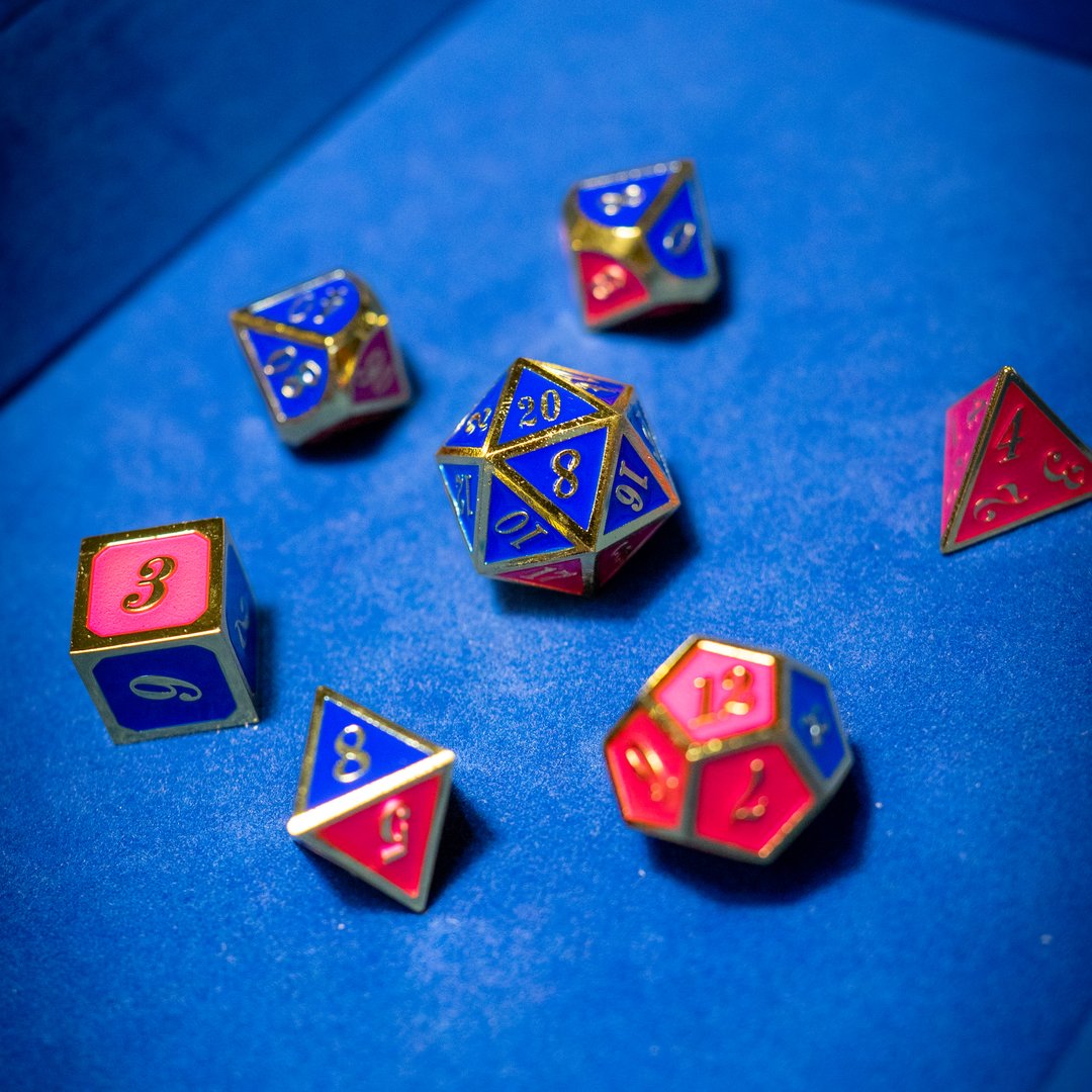Metal dice set 16, gold frame, pink and blue enamel, photo 6