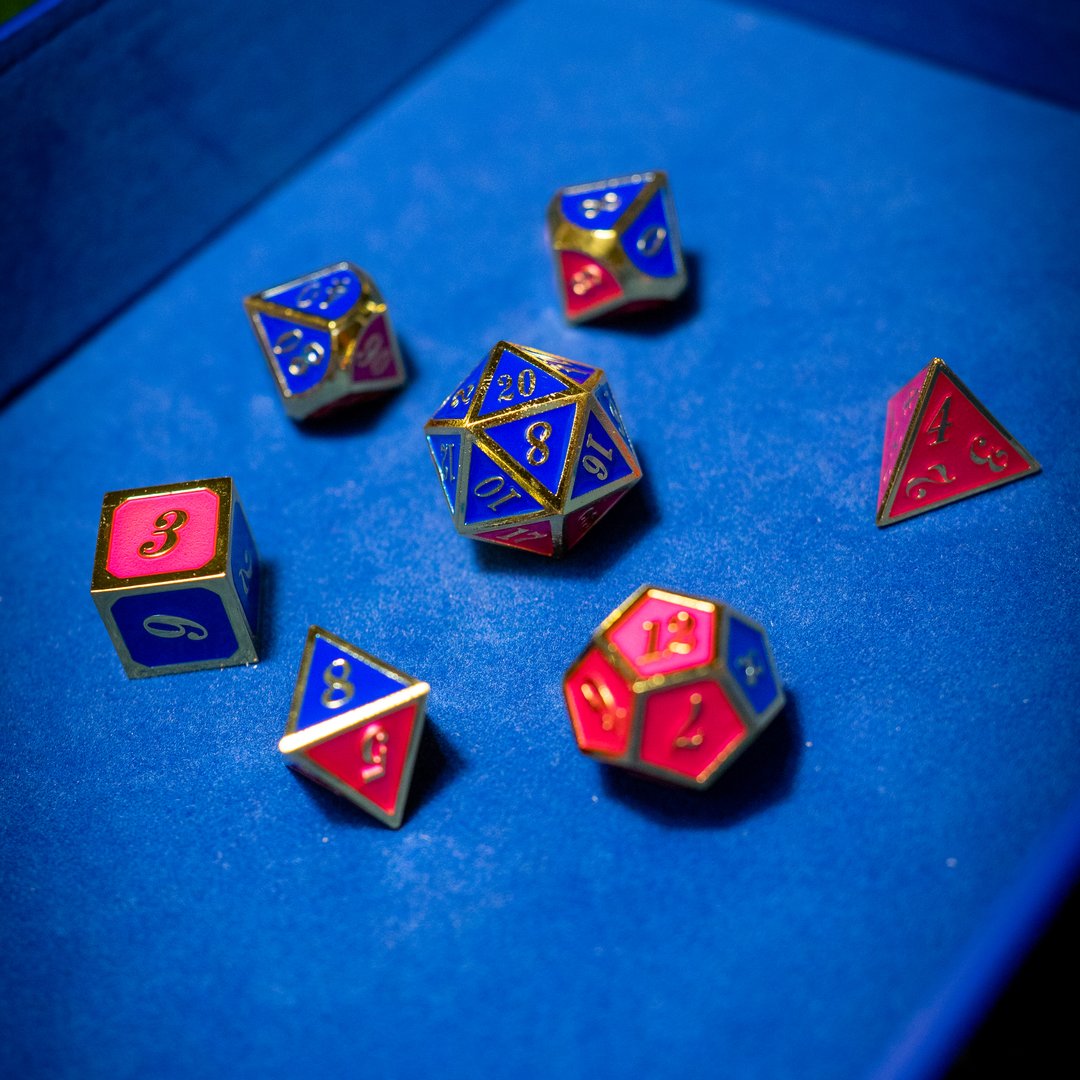 Metal dice set 16, gold frame, pink and blue enamel, photo 7