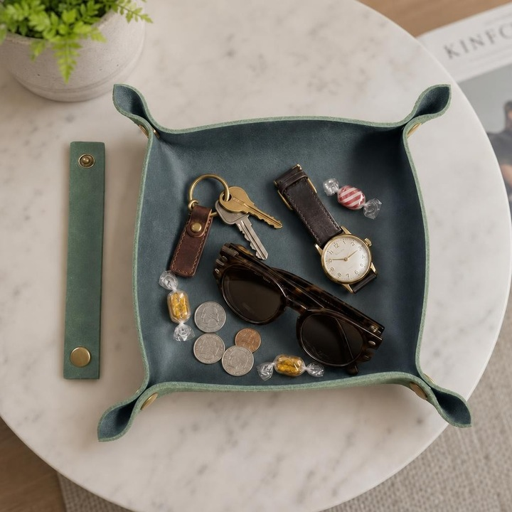 Square Dice Tray, Natural leather