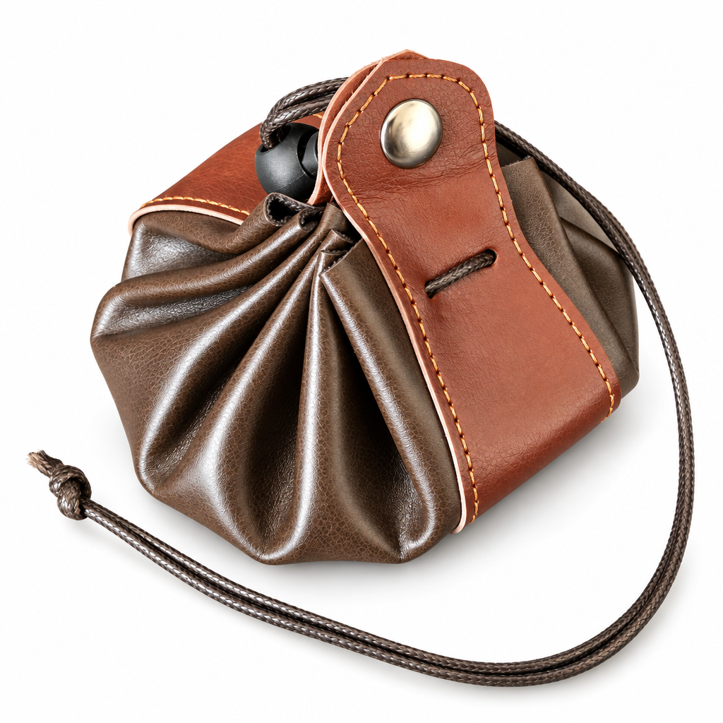 Brown dice bag, closed, with stitched tan strap and snap