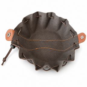 Brown dice bag opened flat into a rolling tray