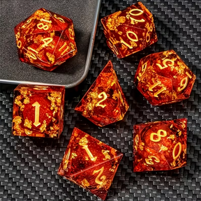 Gilded Ember Dice Set + Velvet Bag, seven dice